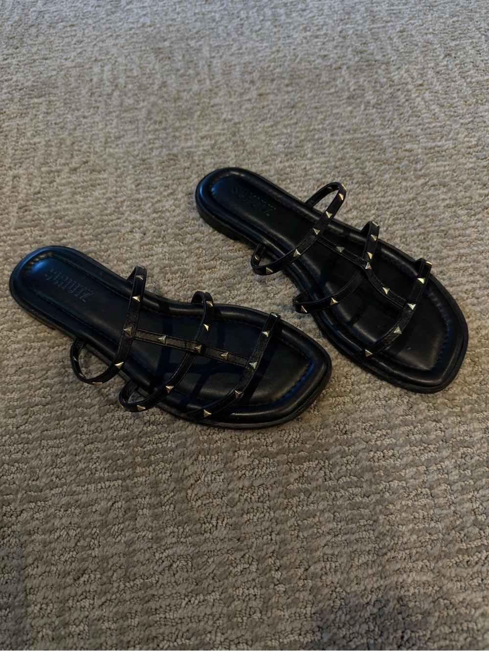 SCHUTZ Black Pyramid Gold Stud Strappy Slide Sandals Lydia Size 7 EUC